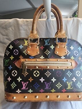 Louis Vuitton Black Multicolor Monogram Alma Satchel with Brown Trim